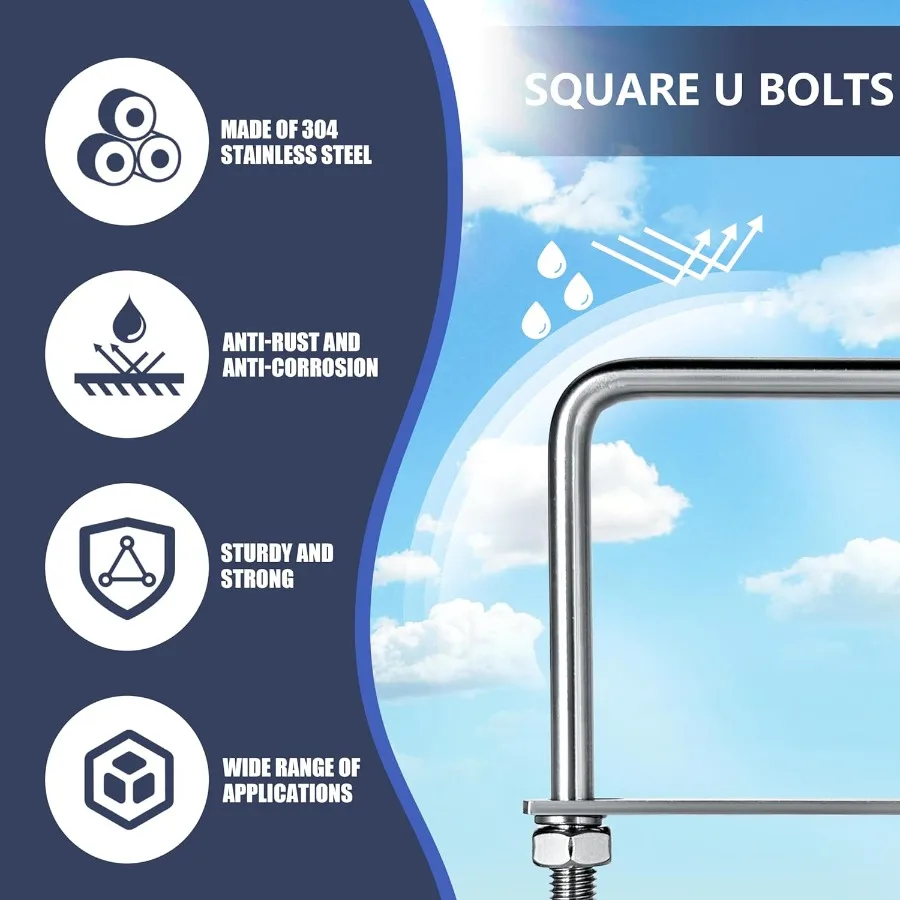 4 Set M8 Square UBoltsuBolts 2 ih Wide 304 Bulloni quadrati in acciaio inossidabile con dadi Bullone Piastra e rondella 4 M8 x 50 mm x 100 mm