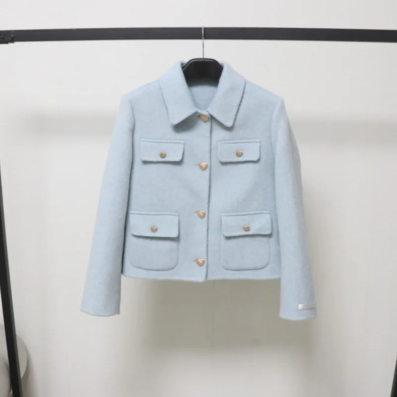 

Women's Autumn Winter Elegant Single Breasted Pockets Wool Jacket Lady Solid Color Turn Down Collar Loose Short Wool Outwear