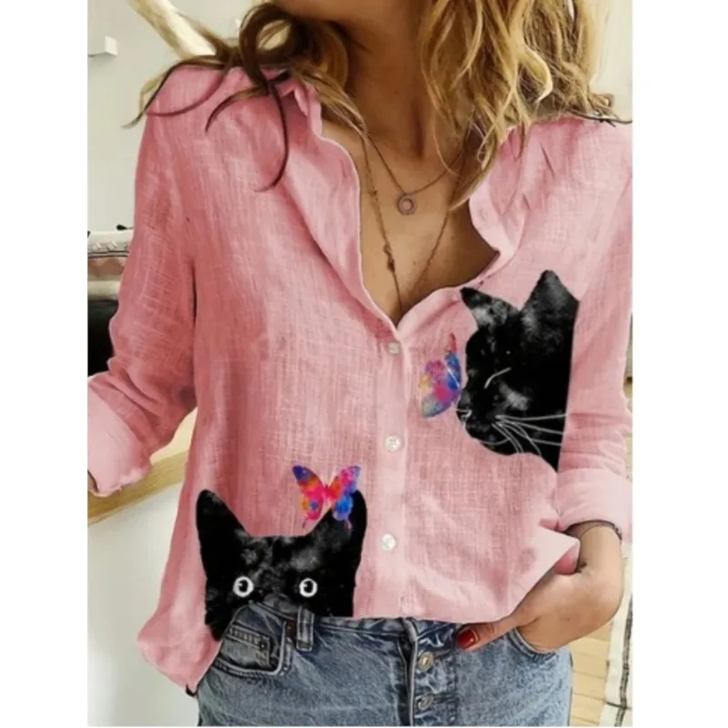 

Fashion New Women's Long Sleeve Blouse 2025 Autumn Button Collar Shirt Sleeve Kitten Printed Loose Casual Ladies's Blouse Top