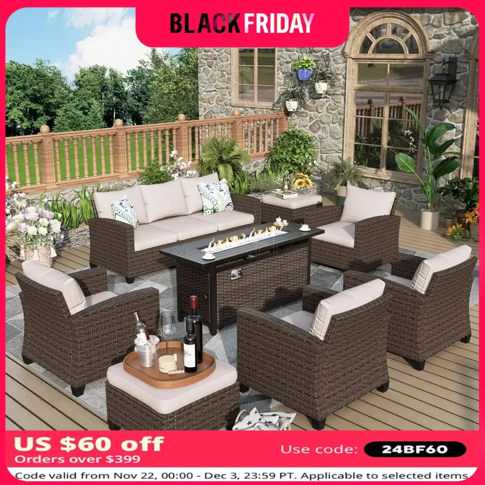 Patio Furniture Set, 8 Pcs Wicker Outdoor Conversation Set, 4 Leg Chairs with 4