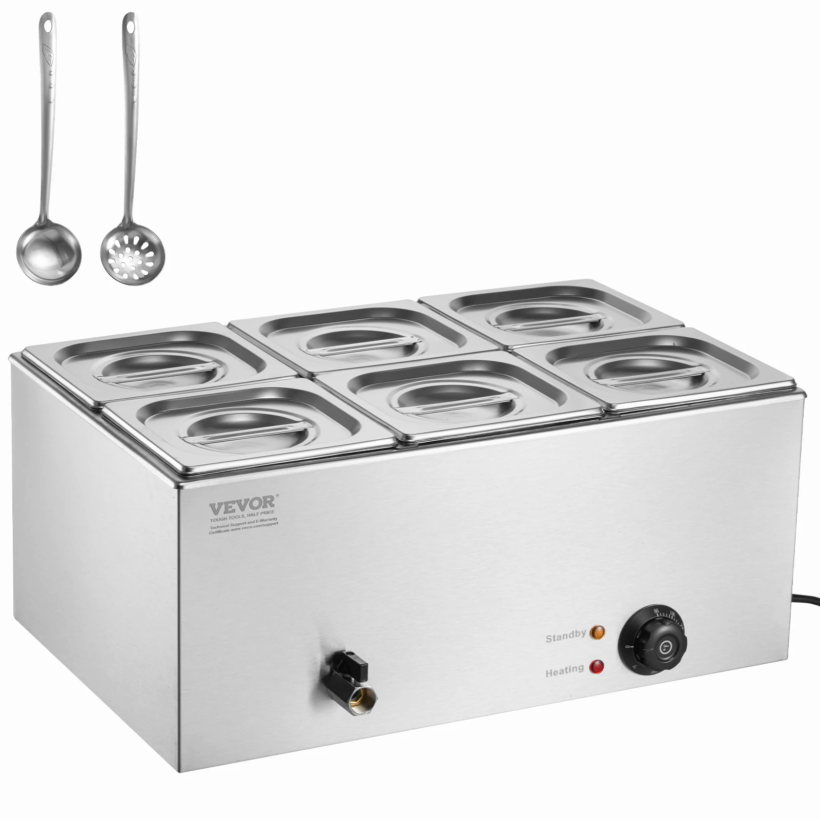 Calentador de alimentos comercial de 6 sartenes VEVOR, mesa de vapor eléctrica de 13,5 l, 1200 W, encimera profesional de acero inoxidable, para bufé, baño María, con control de temperatura de 86 a 185 °F para catering