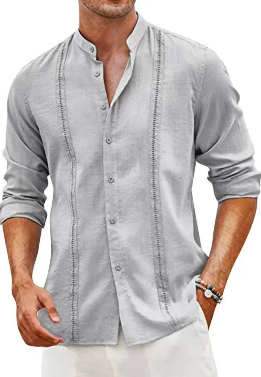 

New cotton and linen blended men's casual slim solid color simple stand-up collar single-breasted business long-sleeved shirt
