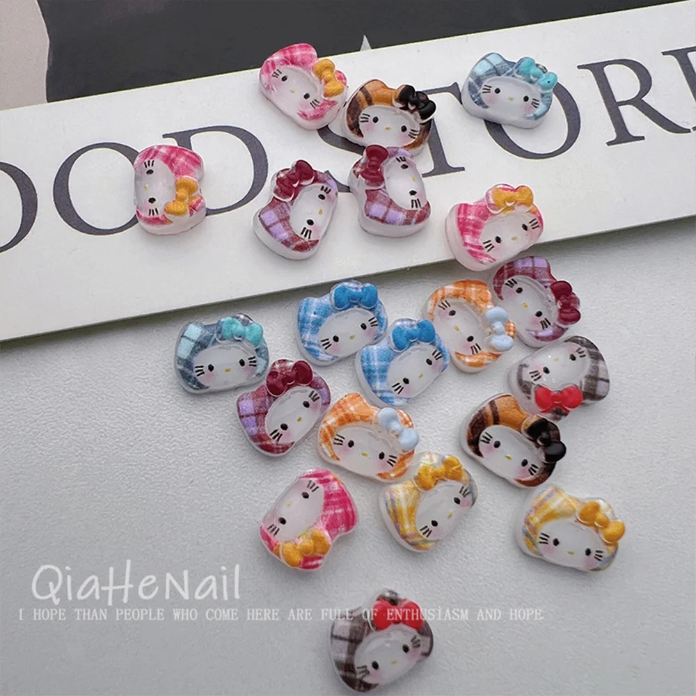 

20PCS Cute Cartoon Plaid Headwear Bowknot Cat Hello Kitty Pink Blue Nail Patch Mini Accessory Decoration Manicure DIY Nail Art