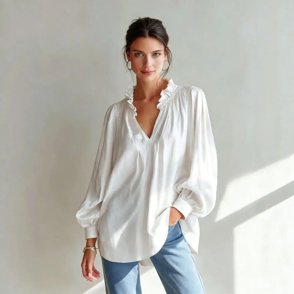 Casual Women V Neck Ruffle Shirt Loose Lantern Long Sleeve Blouse Chic Pullover Tops Fashion Elegant Daily Wear