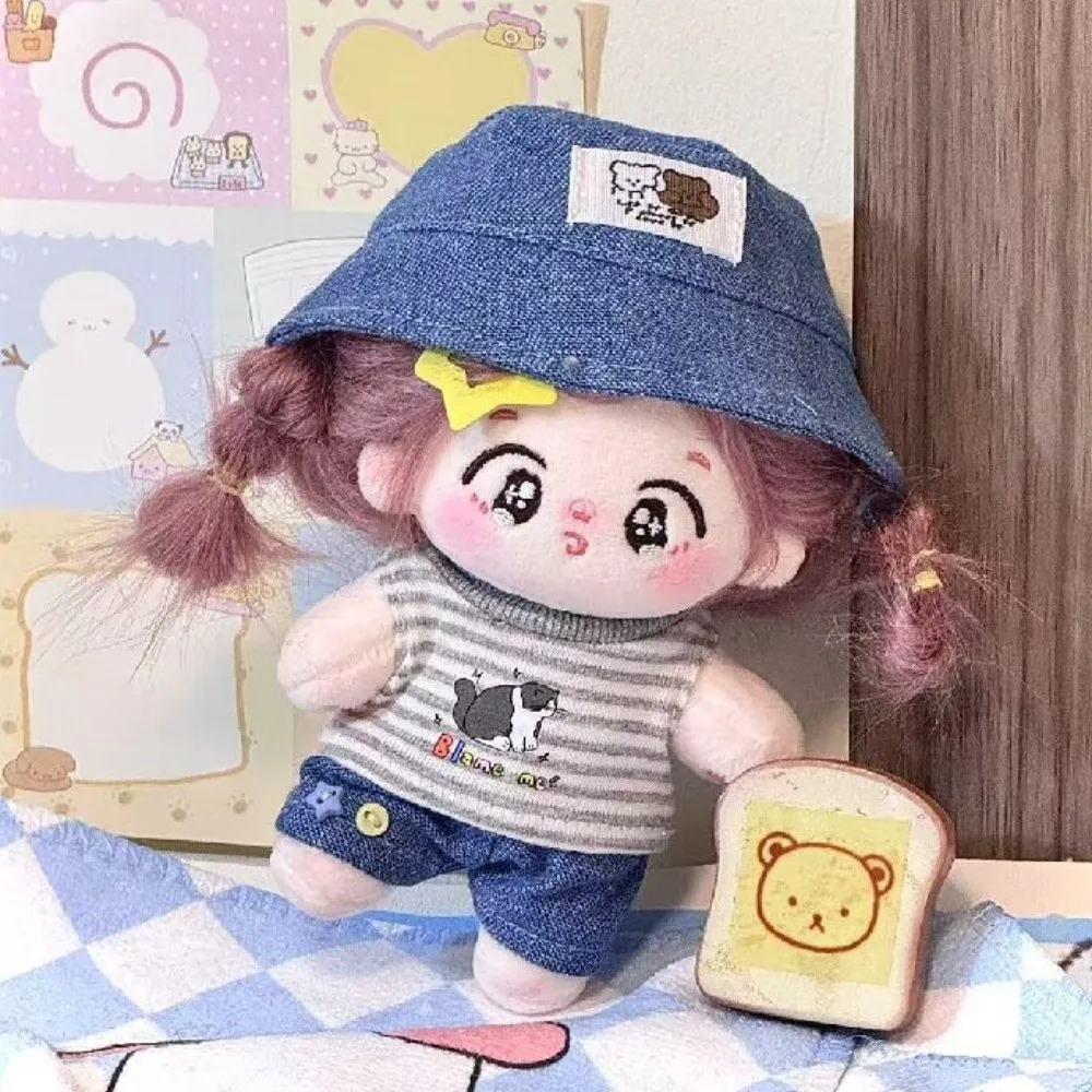 1 Juego de camiseta a rayas, ropa de muñeca de algodón de 10/20cm, conjunto de verano, sombrero de vaquero, ropa de muñeca de algodón de 20cm, Mini patrón de dibujos animados