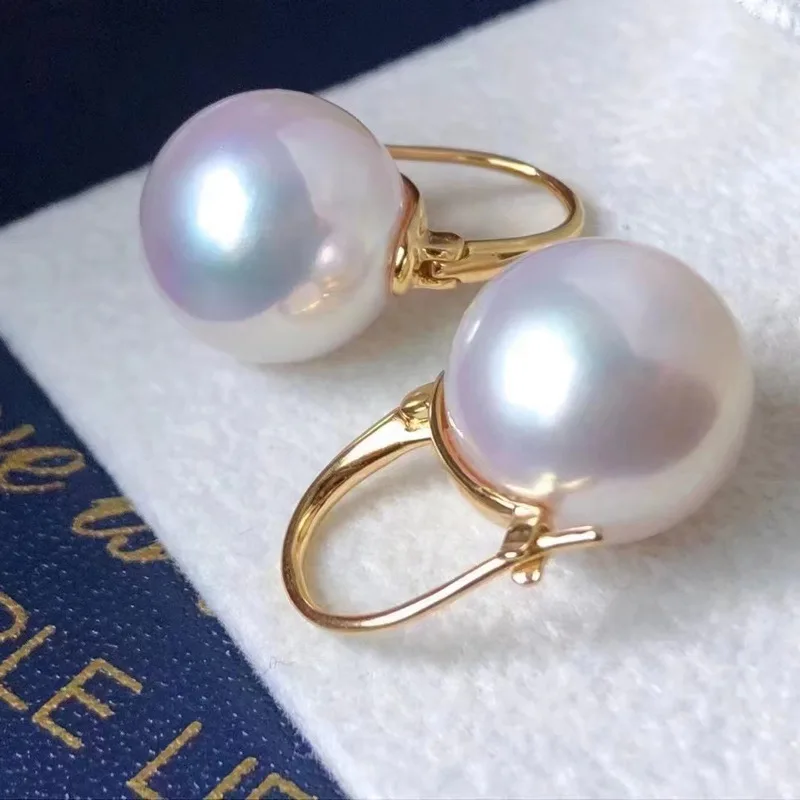 huge Authentic masterpieces Japanese seawater white akoya pearl AAA 13-12MM round strong  pearl earrings 18K AU750