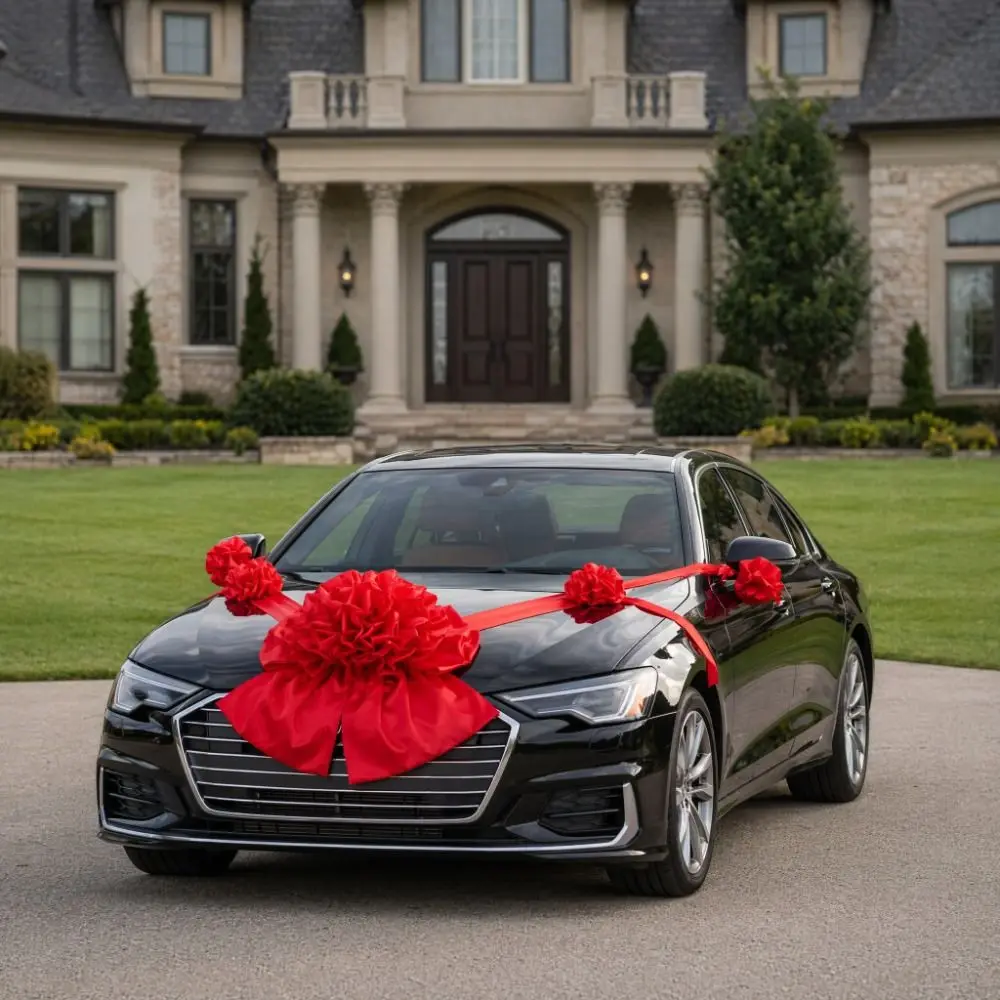 

Luxury Large Wedding Car Front Decor Red Romantic Floral Ball Ribbon Bows Flower Arrangement Bridal Main Car Decor Pick-Up Car