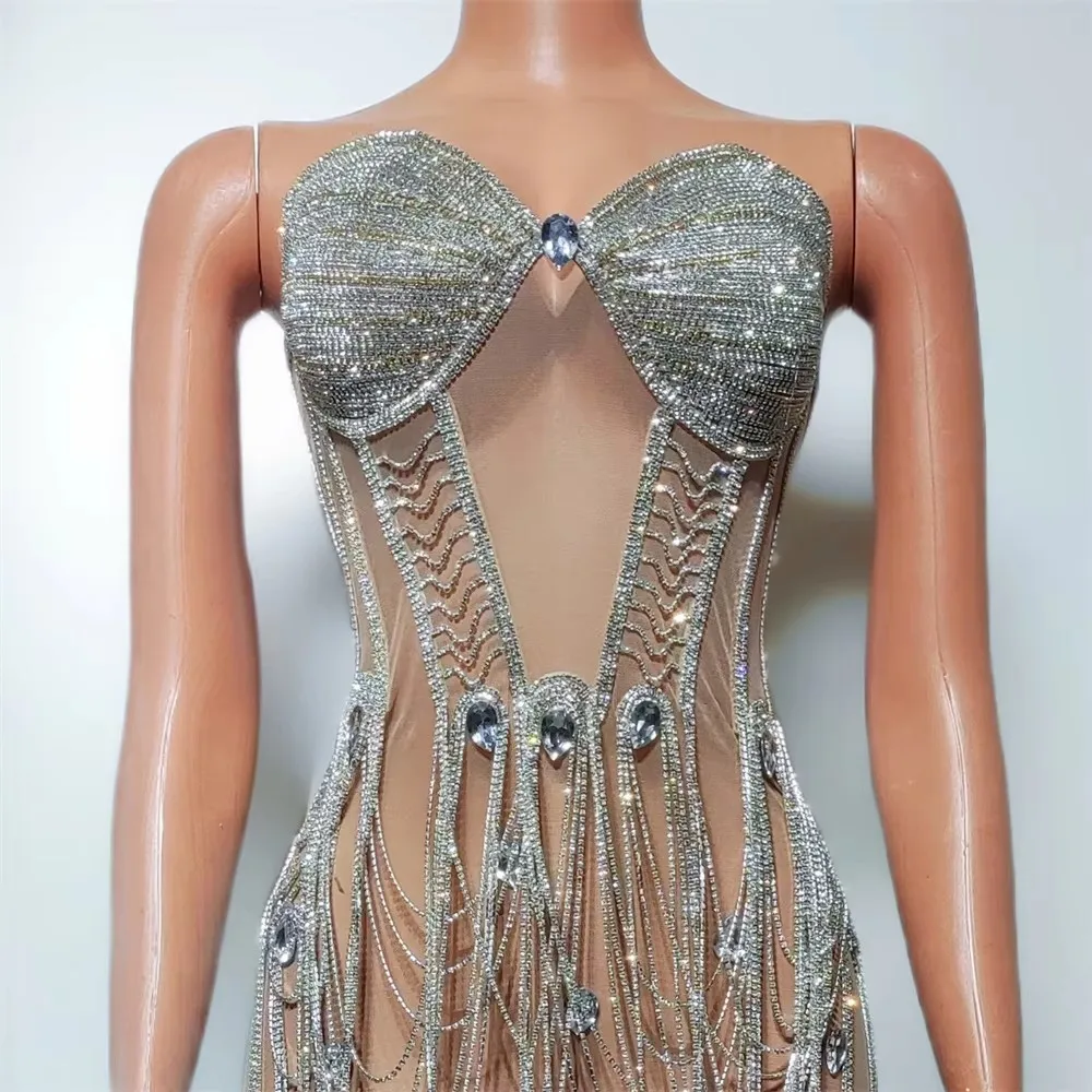 Luxe Strass Kettingen Strapless Korte Jurk Sexy Transparante Prom Celebrity Verjaardag Nachtclub Fotoshoot Kostuum Vrouwen