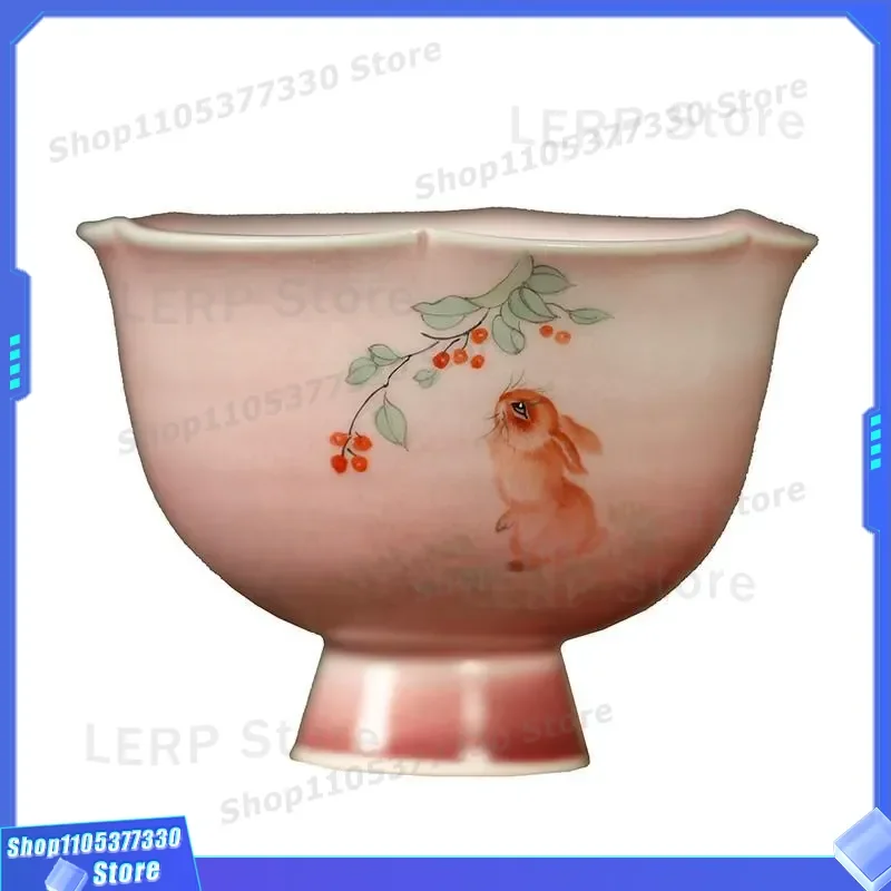 Hand Painted Ceramic Teacup Rabbit Design Cherry Blossom Pink Glaze Kung Fu Tea Set Single Cup Creative Kiln Change Mu Yan