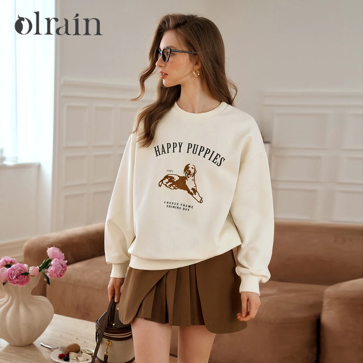 OLrain Women's Sweatshirts Animal Embroider Knitted Sweater Autumn 2025 American Retro Loose Round Neck Ladies Tops M56QR69165