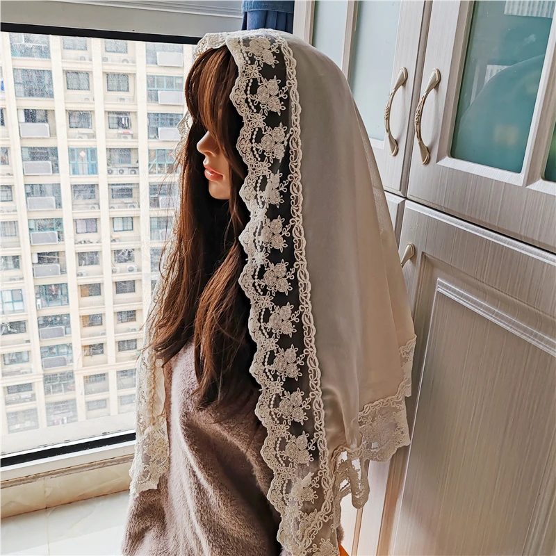 Triangle Mantilla Floral Women Veils Catholic For Mass Church Head Covering Vintage Chapel Embroidered Lace Silk Chiffon