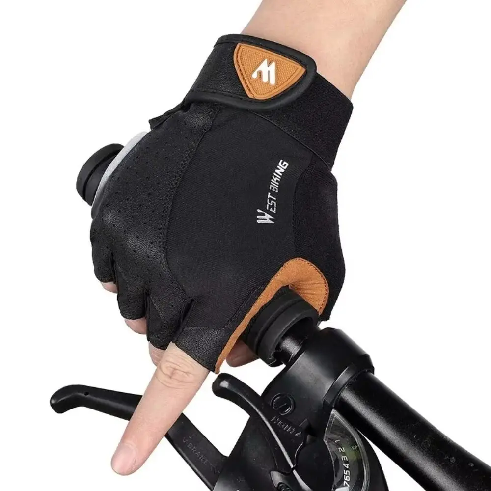 LYCRA PU Leather Motorcycle Riding Gloves Breathable Black+Brown Cycling Gloves Wear-resistant Nonslip Half Finger Mittens