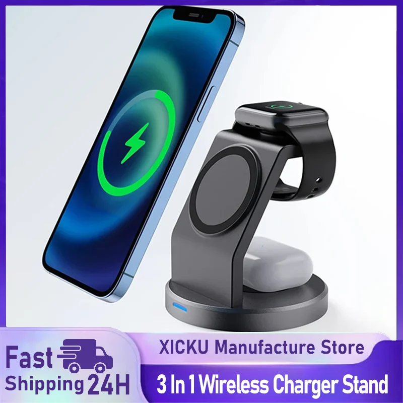 2025 3 في 1 حامل شاحن لاسلكي آيفون 17 16 15 14 13 12 Pro Max iWatch AirPods Station لمحطة شحن سريع MagSafe