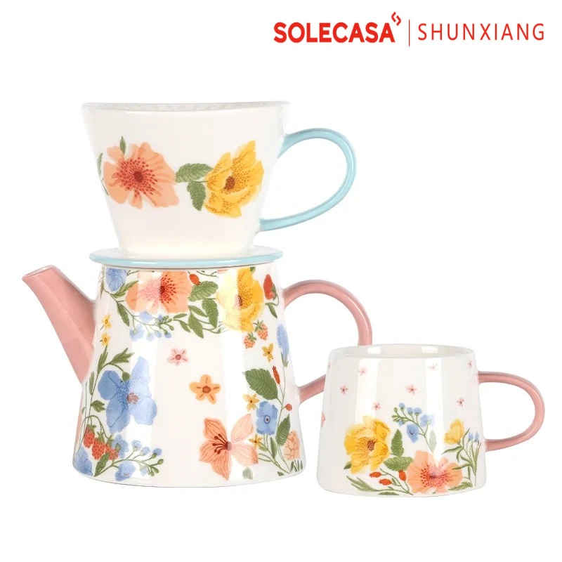 

Набор кофейных чашек SOLECASA с фильтром для кофе Керамический кофейник с цветочным узором Европейский чайный сервиз Чашка для послеобеденного чая Чайник в подарок