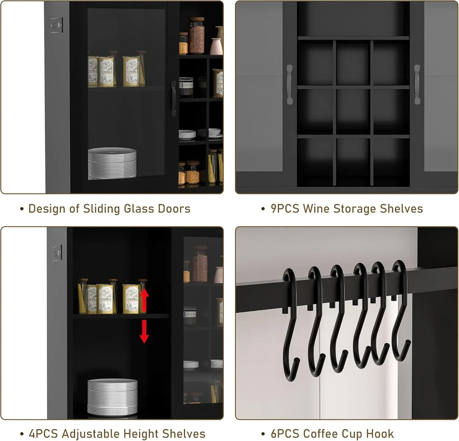 Farmhouse LED Coffee Bar w/60000-color Lights Power Outlet 7 Hooks 9Wink Racks Adjustable Shelf for Tea Liquor Wine