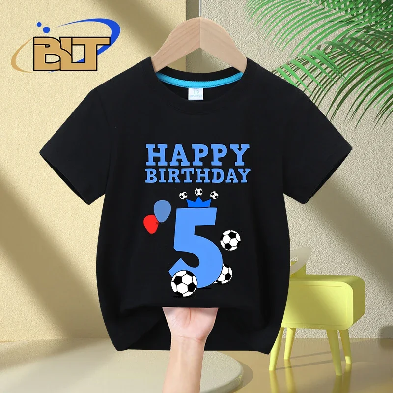 T-shirt de manga curta para crianças, top de algodão, para o futebol aniversário número 5 ° aniversário, casual, verão