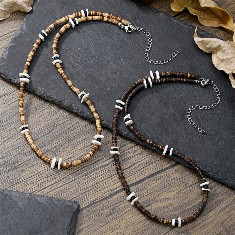 Vintage Ethnic Geometric Gravel Chain Clavicle Necklace Boho Coconut Shell Wood Bead Chain Necklace Men's Neck Jewelry view 5