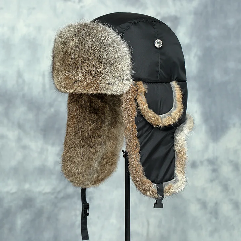 Mens Women Unisex Warm Trapper Aviator Trooper Earflap Winter Warm Flaps Ski Hat New Bomber Hat 100% Natural Real Rabbit Fur Cap