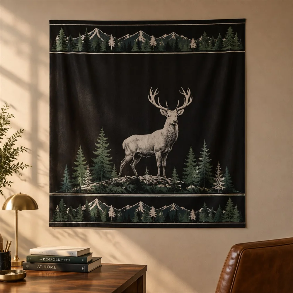 VIKAMA Forest Deer Tapestry Wall Hanging, Woodland Animal Wall Art, Cabin Decor for Living Room Bedroom Cabin Entryway
