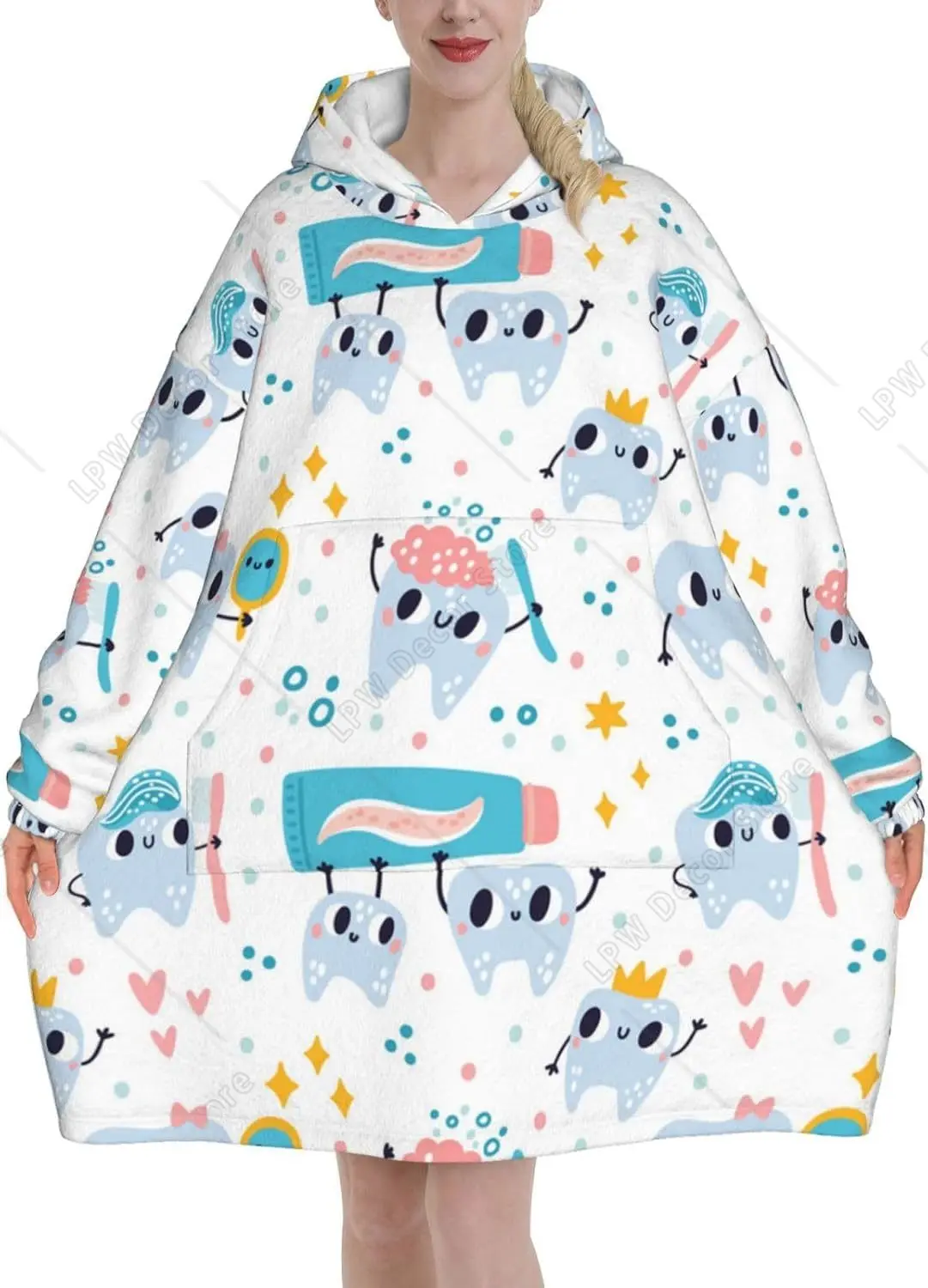 

Cute Teeth Funny Little Dental Adult Flannel Wearable Plush Blanket With Pockets, Ultra Soft Plush Warm Hoodie