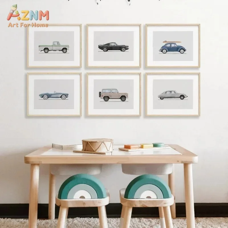 Vintage Classic Car Canvas Wall Art Minimalist Retro Vehicle Print Boys Nursery Bedroom Decor Unframed
