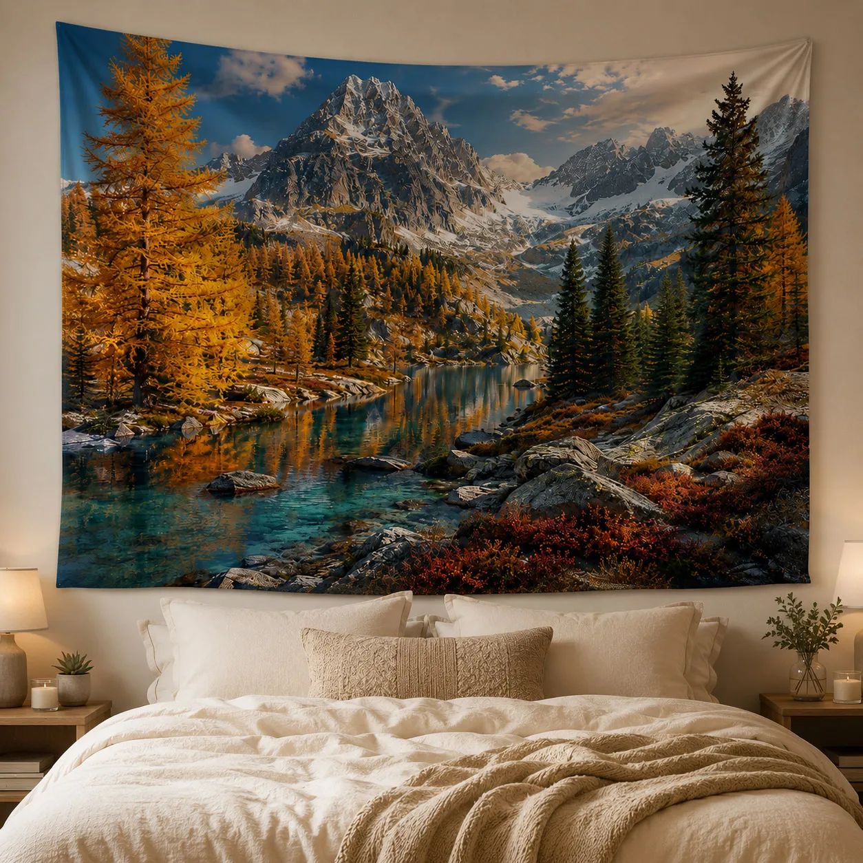 Alpine Mountain Lake Tapestry Autumn Forest Landscape Wall Hanging Nature Scenic Wall Art Bedroom