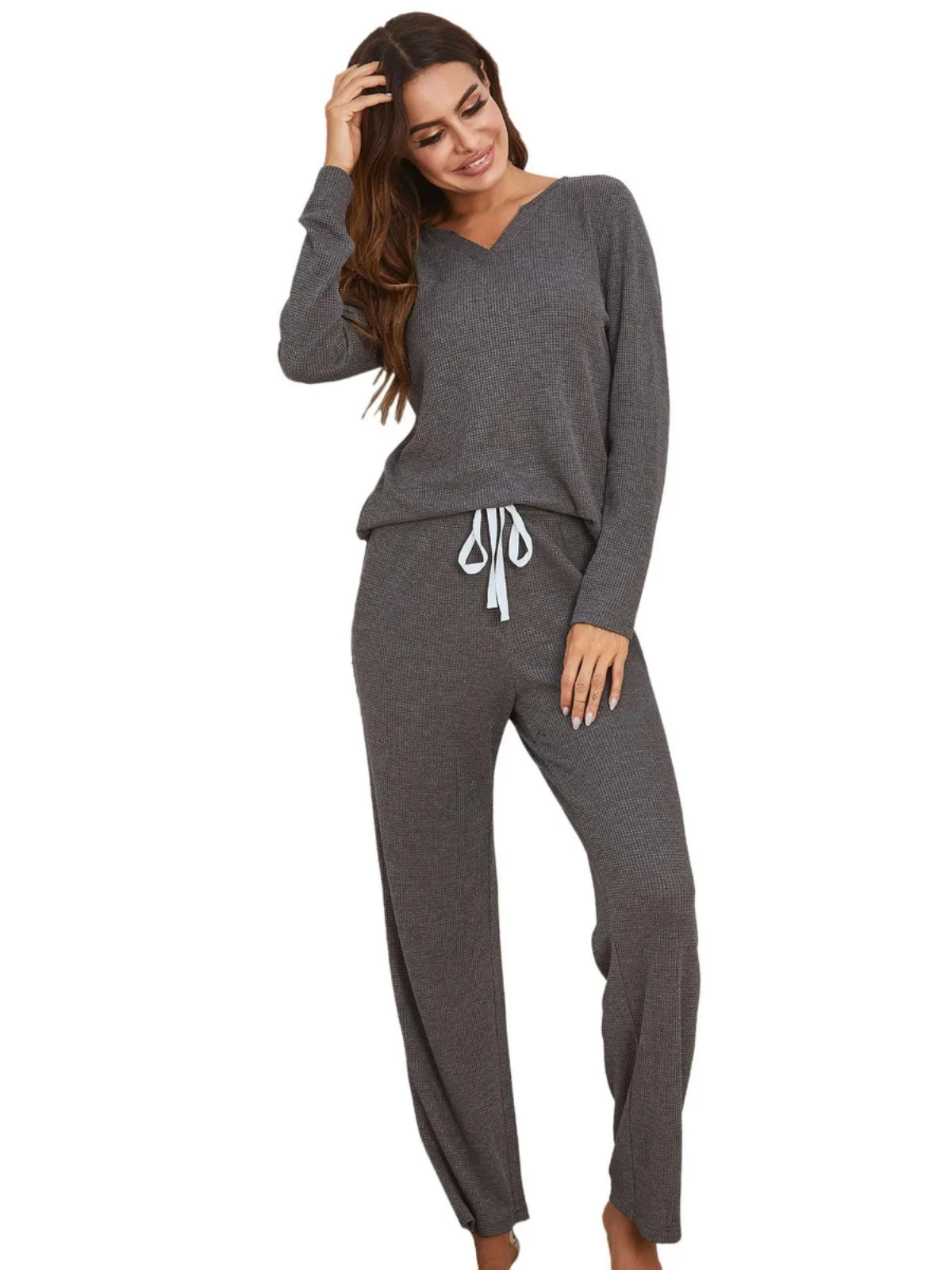 

Весенне-осенние тонкие длинные брюки све с v-образным вырезом, женская домашняя одежда большого размера, комплект из двух предметов, удобный хлопок, полиэстер