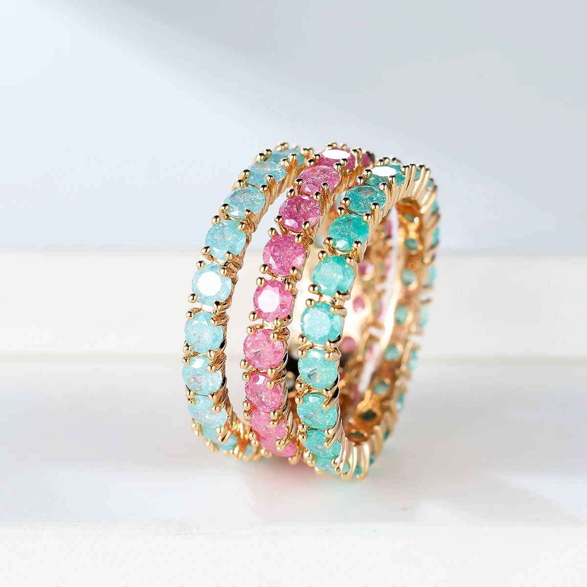 Fashion Single Row Stone Blue Green Pink Ice Flower Zircon Stacking Engagement Rings For Women Gold Color Round Wedding Bands