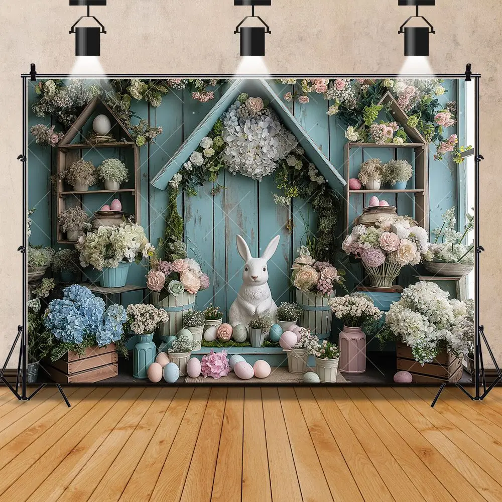 Spring Easter Eggs Rabbit Flowers Wooden House Custom Birthday Party Backdrop Kid Room Poster Decoration Photography Background