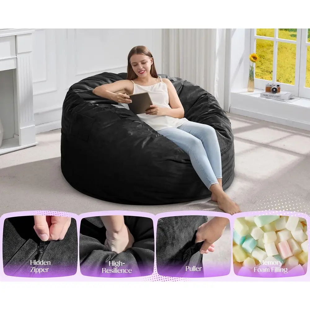 سرير كرسي بين باج بحجم للبالغين، مملوء بالرغوة عالي الكثافة، أريكة قابلة للتحويل لمساحات المعيشة وغرف النوم (أسود، مقاس كامل #6