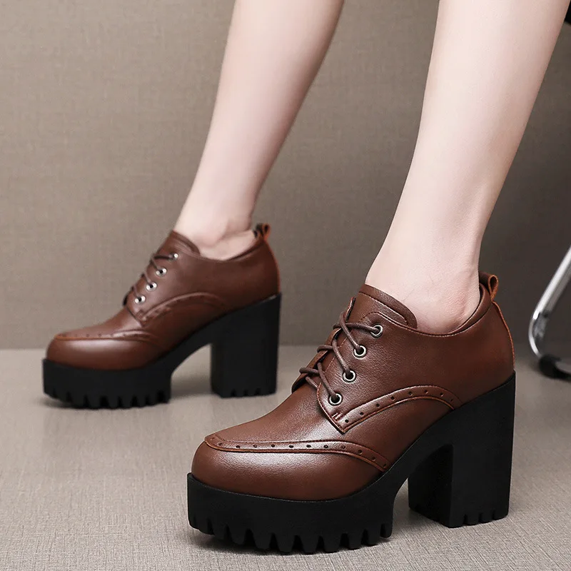 8cm 10cm 14cm Retro Deep Platform Shoes Brogues Oxford Shoes 2026 Spring Block High Heels Shoes Woman for Dress Model Office Mom