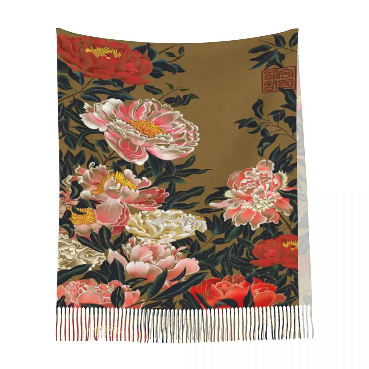 Bufanda de peonía china, bufandas con borlas para mujer, chales y chales suaves y cálidos, chal grande para Otoño e Invierno
