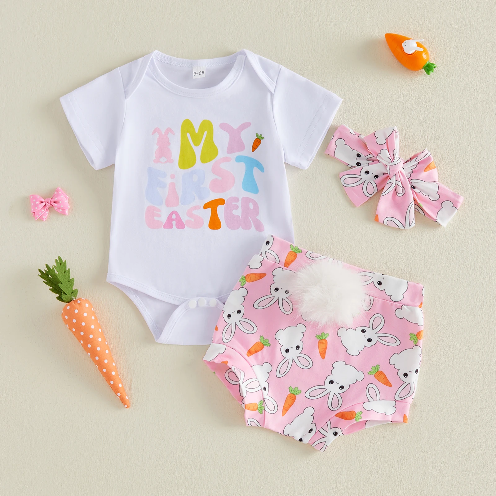 

Комплект шорт для маленьких девочек, комбинезон с короткими рукавами и принтом букв, шорты с изображением кролика и повязкой для волос, пасхальный наряд