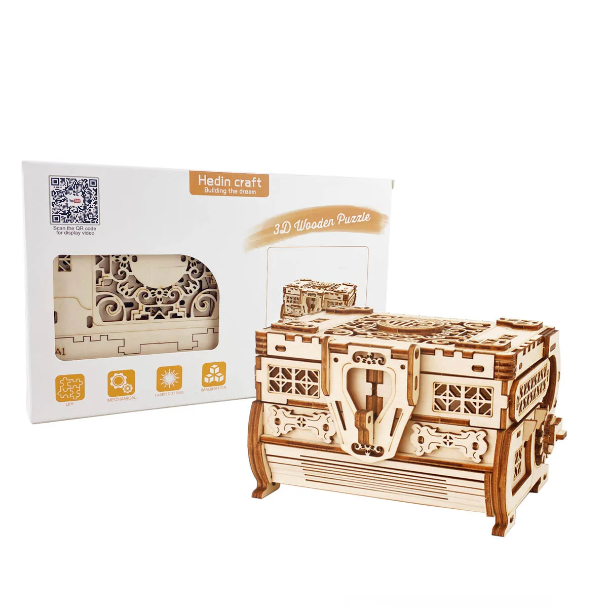 Jewelry Wooden Puzzle Box Antique Secret Treasure Mechanical Model Construction Kit DIY Brain Teaser Project for Adult and Kids