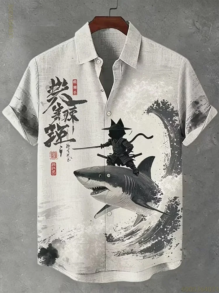 Men's shirt, black cat riding a shark, Hawaiian style, men's collared short-sleeved shirt, everyday commuting and casual wear.
