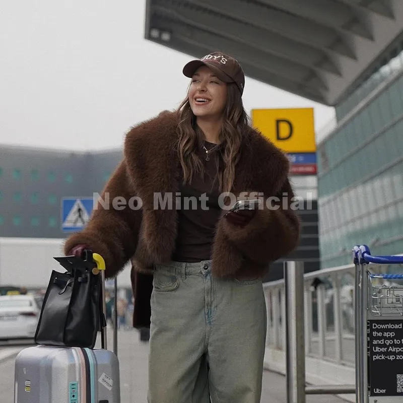 Neo Mint Winter 2025 Trendy Brown Obsession Cropped Shawl Collar Faux Fur Coat Women Jacket Chic Girls Brand Fox Fur Outerwear