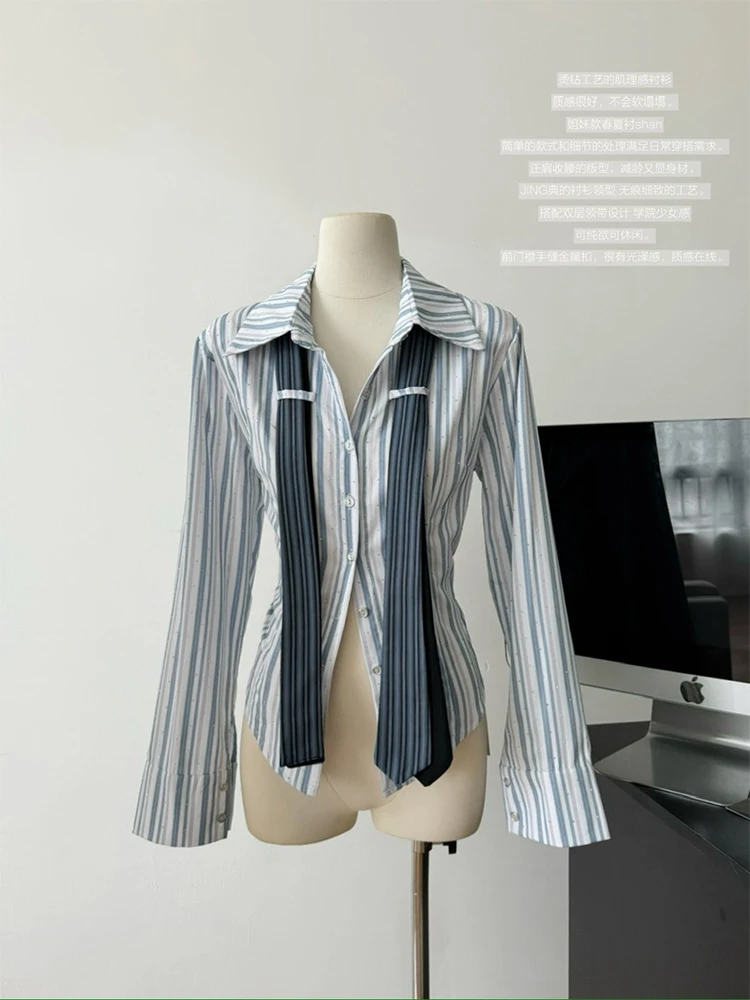 Autumn Women Old Money Vintage Striped Shirts With Tie Long Sleeve Slim Blouses Mori Girl Elegant 2000s Aesthetic Preppy Korean