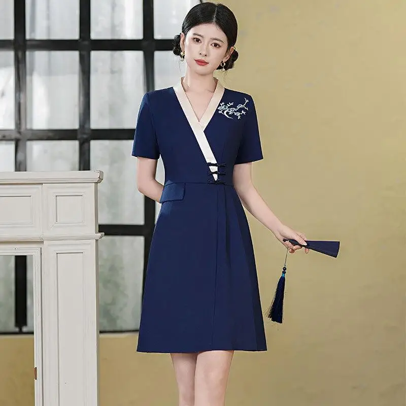 Chinese Style Womens Workwear Set Hotel Waiter Spa Massage Nail Art Coffee Foot Bath Sauna Technician Dress Uniform