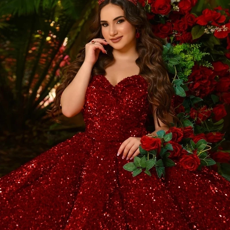 Red Shiny Sweetheart Quinceanera Dresses Off Shoulder Sequined Beads Chapel Train Corset Prom vestido de debutante 15 anos