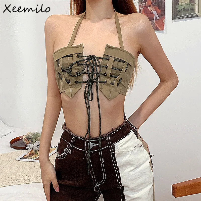 

Xeemilo Y2K Sleeveless Hollow Out Bandage Tank Top Retro Streetwear Strapless Exposed Navel Crop Tops Sexy Low-cut Tube Corset