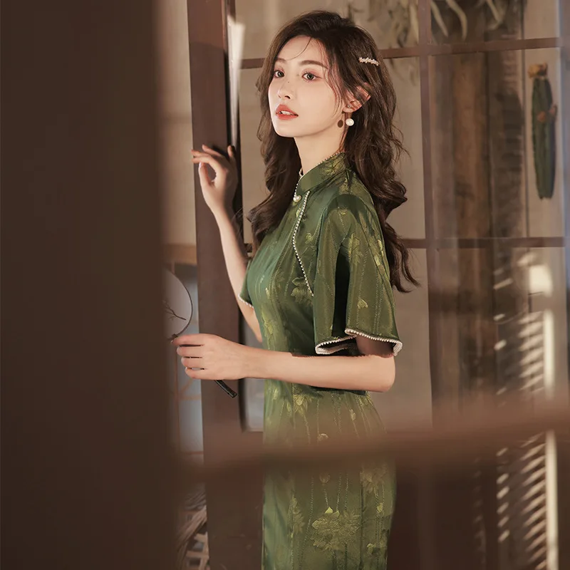 Yourqipao-vestido de noche de satén Jacquard verde oscuro para mujer, Cheongsam invertido, manga grande, estilo chino, Retro