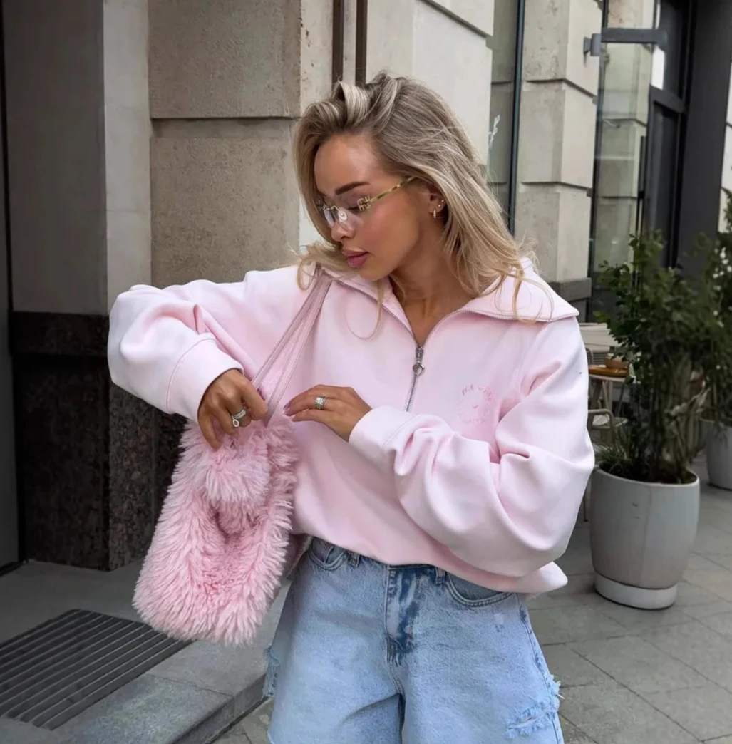 

Худи с молнией до середины груди для активного отдыха, свободного кроя, с вышивкой, с длинными рукавами, толстовка, осенне-зимняя одежда для женщин