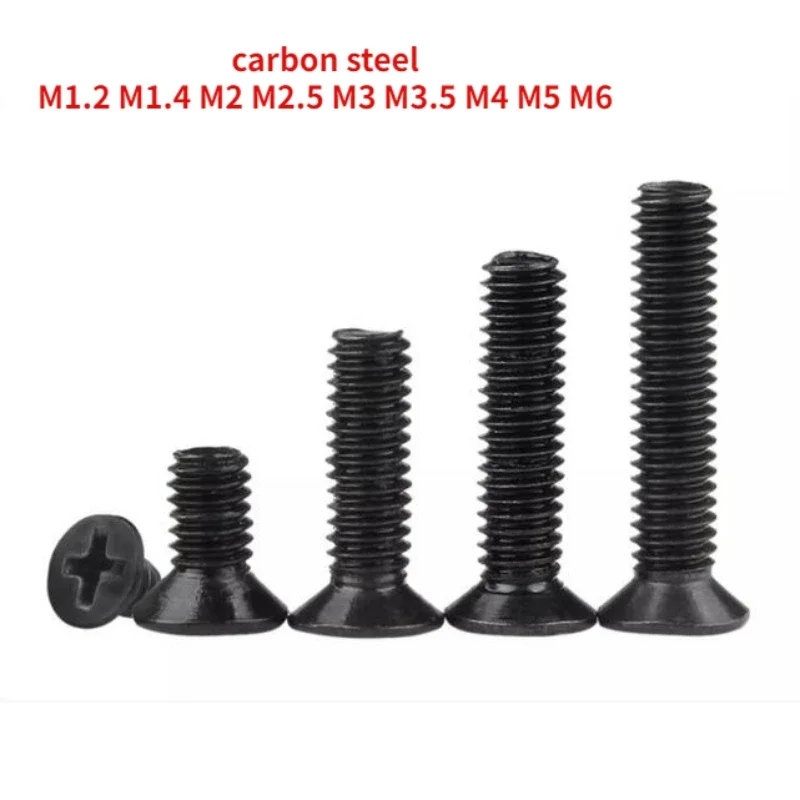 

50-200pc M1.2 M1.4 M2 M2.5 M3 M3.5 M4 M5 M6 Blackened Carbon Steel Cross Flat Head Screw KM Countersunk Head Bolt Machine Thread