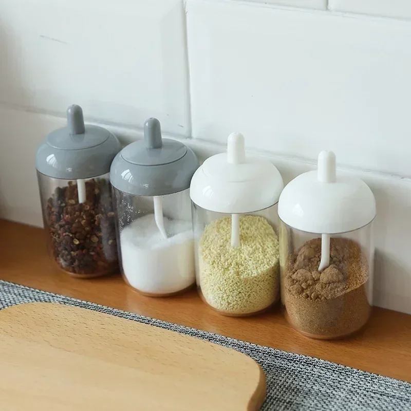 Kitchen Utensils Glass Seasoning Jar Salt Sugar Powder Olive Oil Pepper Seasoning Storage Bottle Spoon Base Kitchen Accessories