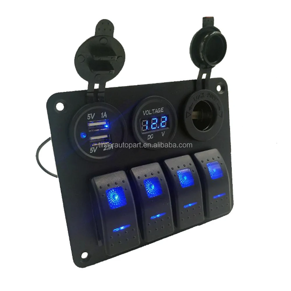 

12V Aluminum Boat Marine RV Pre Wired 4 Gang 5 Pin Controller Button ON OFF Rocker Switch Panel With USB and Voltmeter