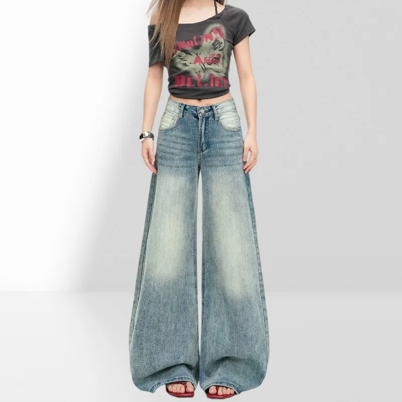 Trendy High Waisted Curved Wide Leg Stretch Women Pants Soft Washed Denim Womens Jeans Loose Fit Long Trouser