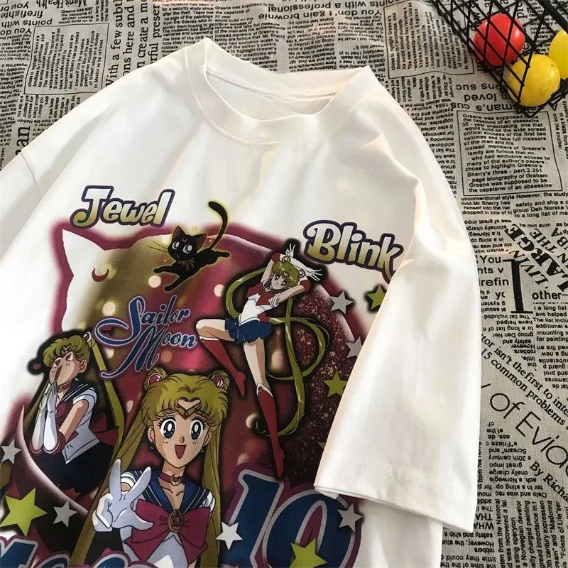 بحار القمر الأمريكية الرجعية طباعة القطن قصير الأكمام تي شيرت المرأة Ins المد الصيف فضفاضة ومتعددة الاستخدامات نصف كم المتخصصة