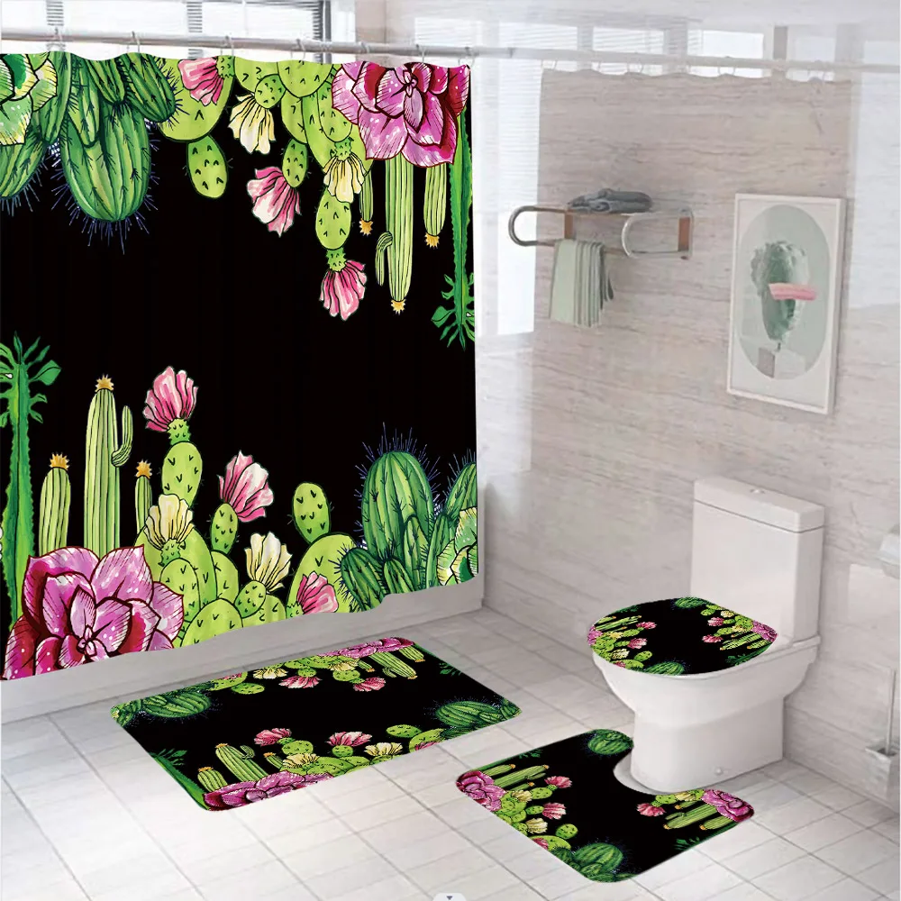 

4Pcs Watercolor Cactus Shower Curtain Set with Rug Toilet Lid Cover Bath Mat Tropical Plant Botanical Succulent Bathroom Curtain