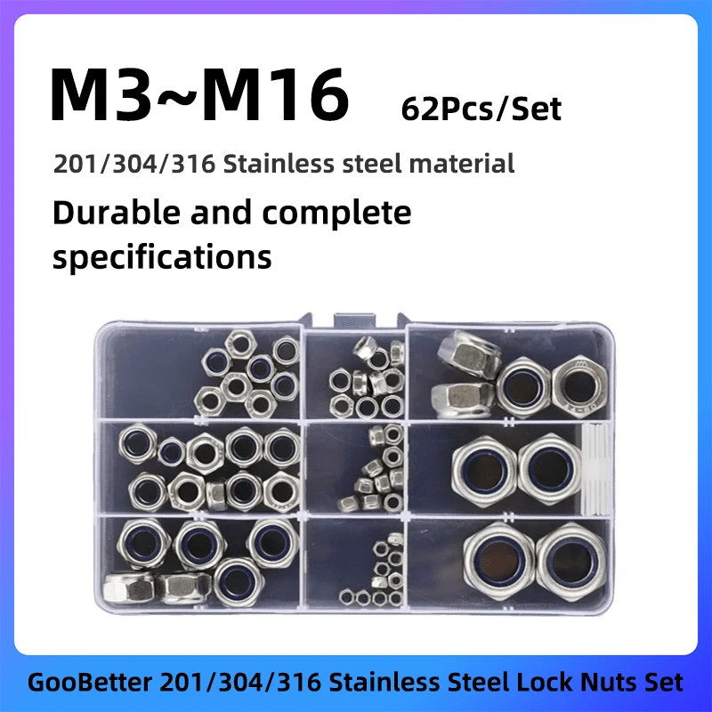 

62Pcs Hex Lock Nuts Assortment Kit M3 M4 M5 M6 M8 M10 M12 M14 M16 201/304/316 Stainless Steel Locknut Hex Drive