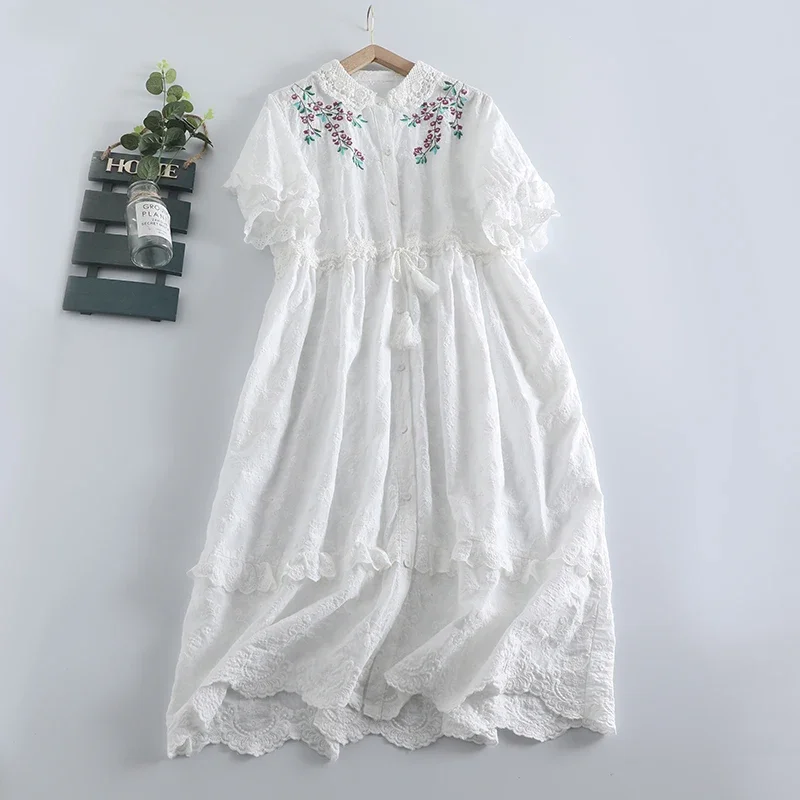 Summer New Sweet Embroidered Dress Women Short Sleeve Single Breasted Dress 923-29